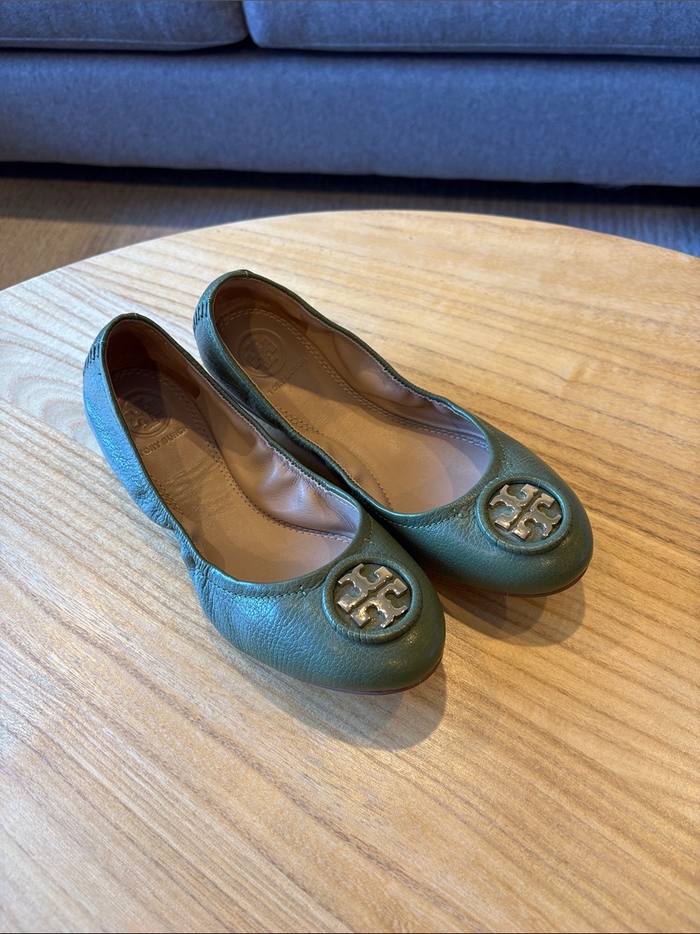 Tory Burch Olive Green Leather Logo Ballet Flats